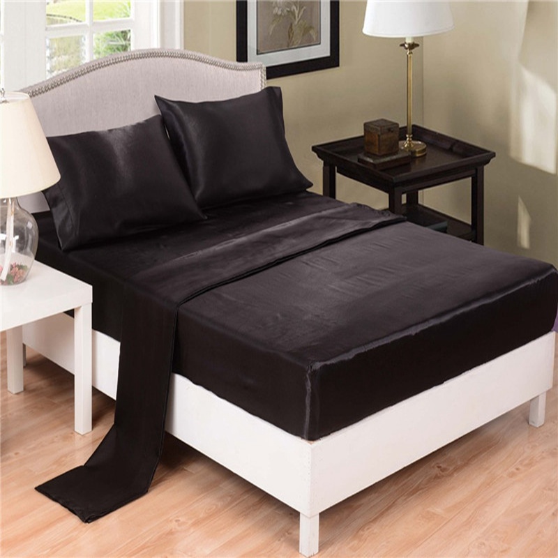 Home Textile 3/4 Pcs Satin Silk Fitted Sheet Queen Size Bed Sheet Set Black Bedding Set Flat Sheet Pillowcase