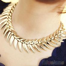 Women’s Fashion Golden Alloy Fish Bone Charm Choker Chunky Collar Necklace Jewelry