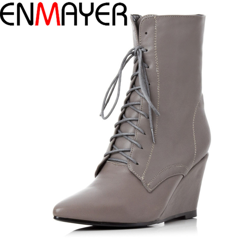 Фотография ENMAYER Black Gray Autumn Winter Fashion Pointed Toe Wedges High Heels Ankle Boots Genuine Leather Popular Hot Sale Women Boots