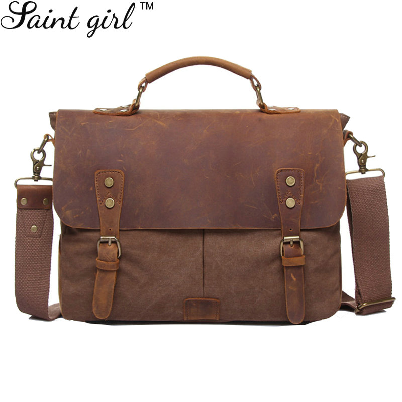 Фотография Saint Girl Brand Women Messenger Bags Vintage Canvas & Full-grain Genuine Leather Men Shoulder Handbags High Quality SNS003