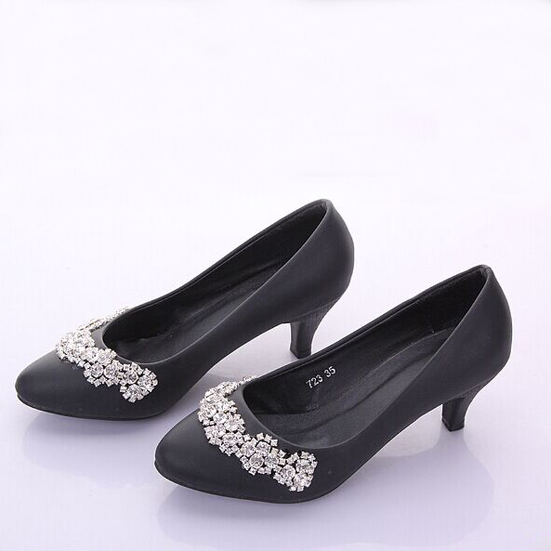 Black Color Rhinestone Almond Toe Bridal Wedding Shoes 5cm