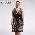 Plus Size 6 7XL Summer Women Bohemian Sexy Elegant Midi Tunic Flower Print Patchwork V Neck