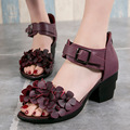 2017 Ethnic Summer Genuine Leather Women Sandals Handmade Flower Peep Toe Thick with High Heel Shoes