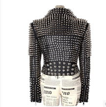 EMS Designer Euro Style Rivet Women Leather Jacket Coat Black Winter Punk Cool Silver Studded Slim