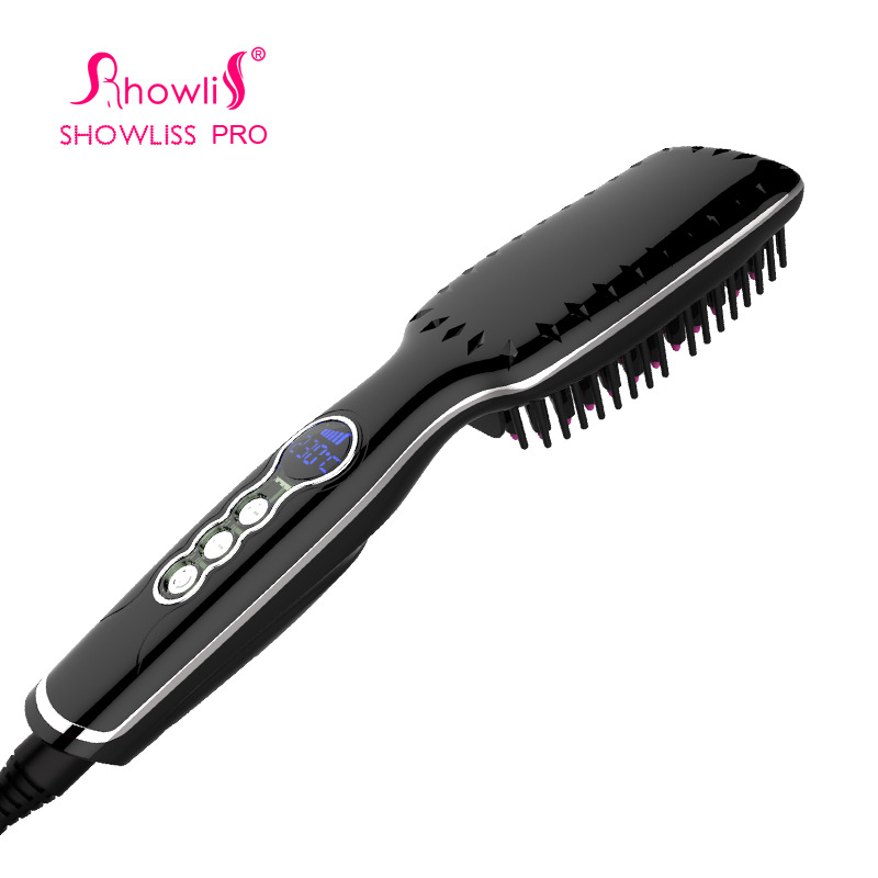 100-240V Fast Electric Smooth Brush Ceramic Hair Straightener Comb Flat Iron With LCD Straight Brush