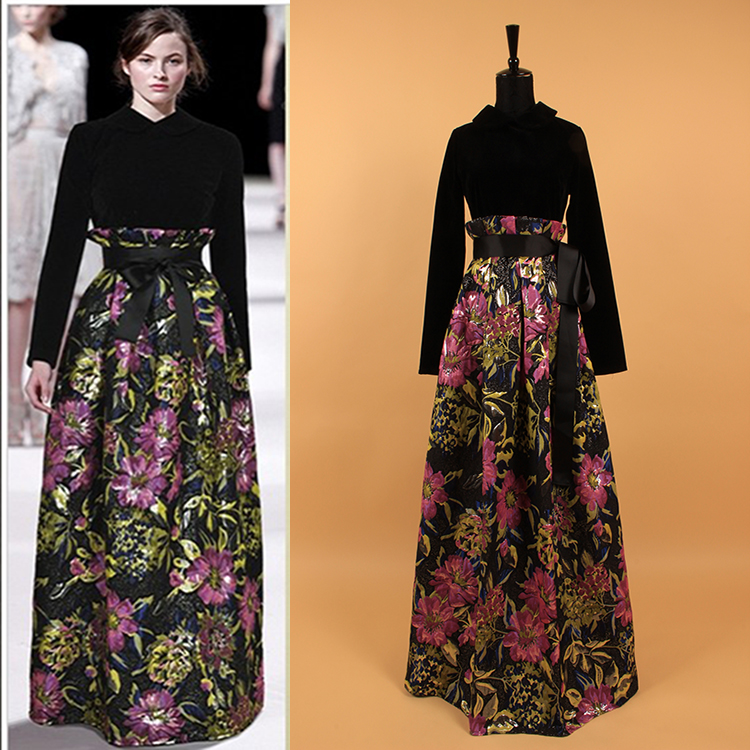2015 Fashion Ladies Elegant Velvet Patchwork Sleeve Celebrity Party Ball Gown Print Full Dress