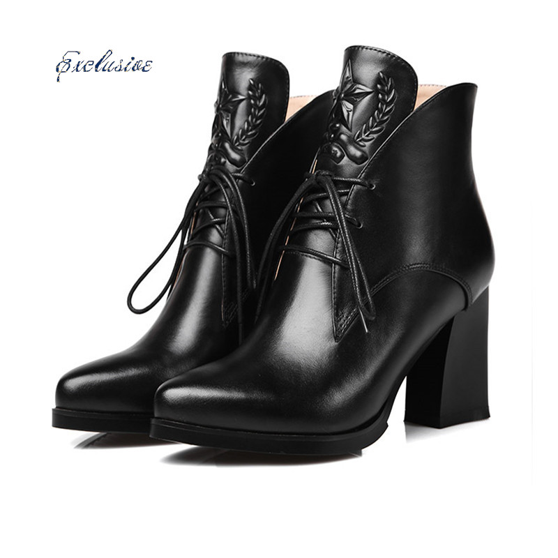 Woman Lace-Up Ankle Boot Autumn Winter Black Brown Pointed Toe Shoe Printing high quality Cowhide Thick with Lace-Up Ankle Boots