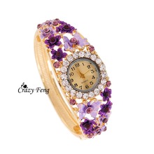 Free Shipping newest enamal flower Charm jewelry Women Wristwatch 18K Gold Plated Bangle Cuff quartz watch relogio feminino