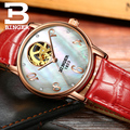 Swiss Automatic Watches BINGER Women Brand Fashion Luxury Watch Skeleton Rose gold case and Red leather