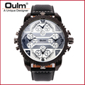 Oulm Brand 3233 Mens Big Face Watches 4 Time Zone Leather Band Casual Quartz Watch Atmospheric