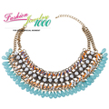 Vintage Blue and Yellow Trim Stone Chunky Statement Choker Necklace Fashion Cotton Thread Twine Jewelry For