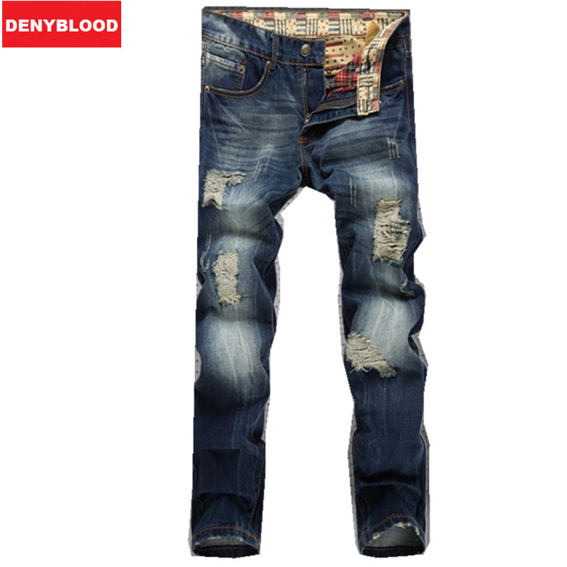 Men's personality holes patch ripped jeans Male fashion patchwork slim denim beggar pants Designer brand trousers 953