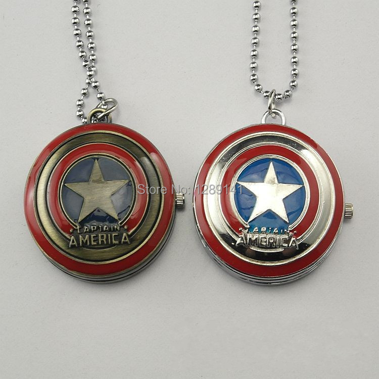 2014 New Qualit America Superheroes Steampunk Quartz Watch Bolsos Vintage Reloj Captain Star Bronze Retro Necklace