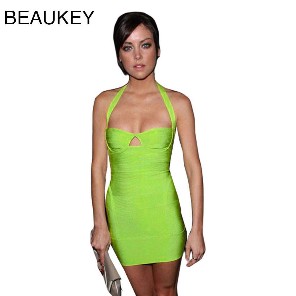 Buy Neon Green Halter Backless Hollow Out Bodycon Celebrity Bandage Dress Hl 