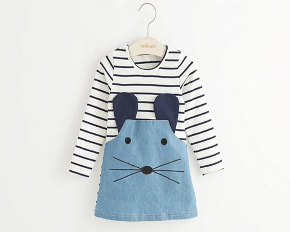 Casual style long sleeve Striped lovely little mouse design girls dress 2015 New Arrive Autumn children