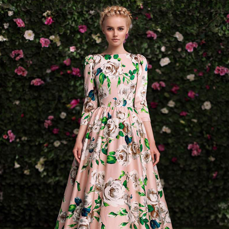 Fasicat Brand Designer Runway Retro Women's Rose Print Maxi Dress Three Quarter Sleeve Slim Floral Print Long Party dress D5006