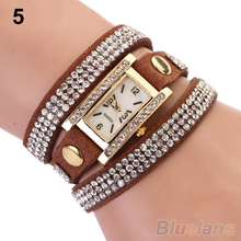 Vintage Rhinestone de línea cuadrada Weave Wrap multicapa pulsera de cuero reloj de pulsera relojes 0YUC