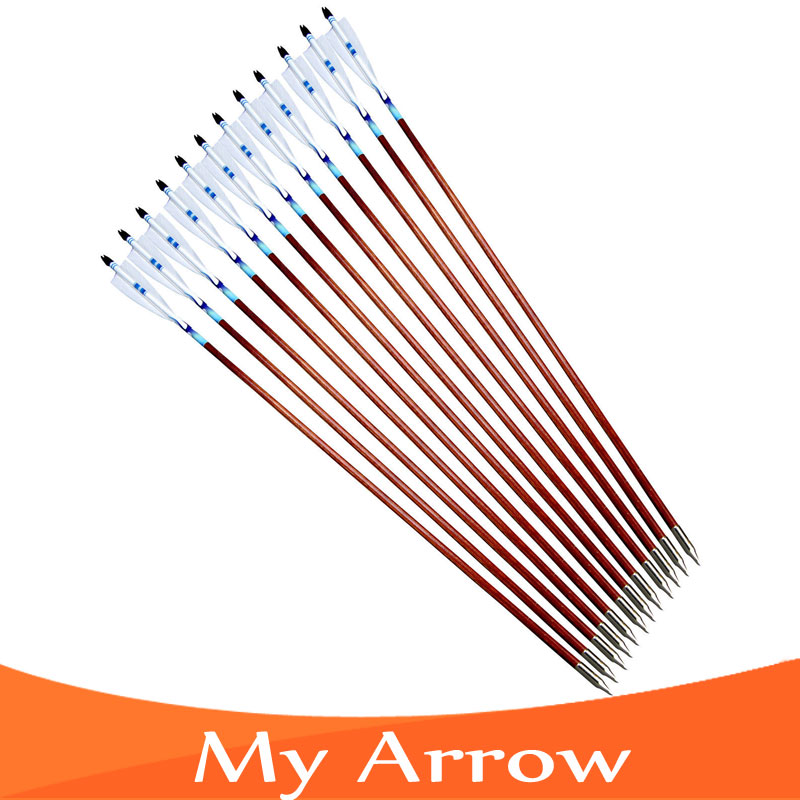 Handmade Turkey Feather Traditional Wooden Arrows For Recurve Bow 12pcs 30 Long Bow Archery Wooden Arrows