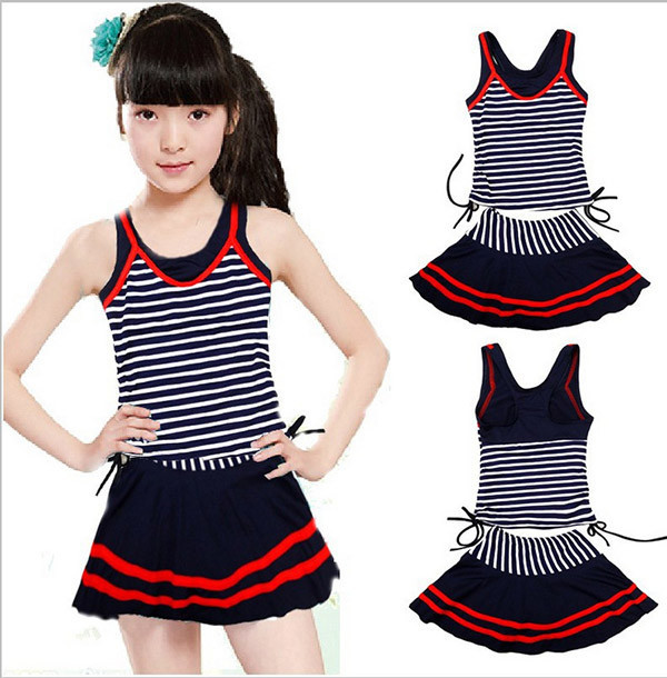 Two Piece Sling Swimsuit Striped Skirt Kids Bikini Adjustable Elastic Band Fashion Girls Swimsuit Cotton Beach Clothes (1)