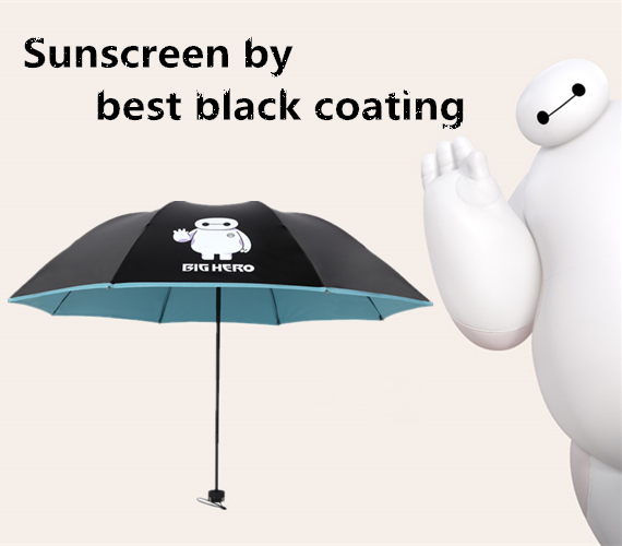 2016 new fashion big hero catoon umbrella,black coating for sunscreen