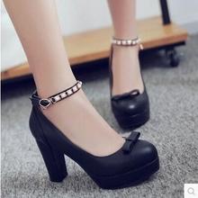 2016 New Spring Sweet pumps Sexy Round Toe Waterproof Buckle Square Heelwomen shoes bowknot high-heeled shoes