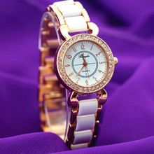 Copia cerámica dama de moda relojes de cuarzo, la decoración del rhinestone case con chapado en oro, copia de cerámica / banda de metal, movimiento de cuarzo