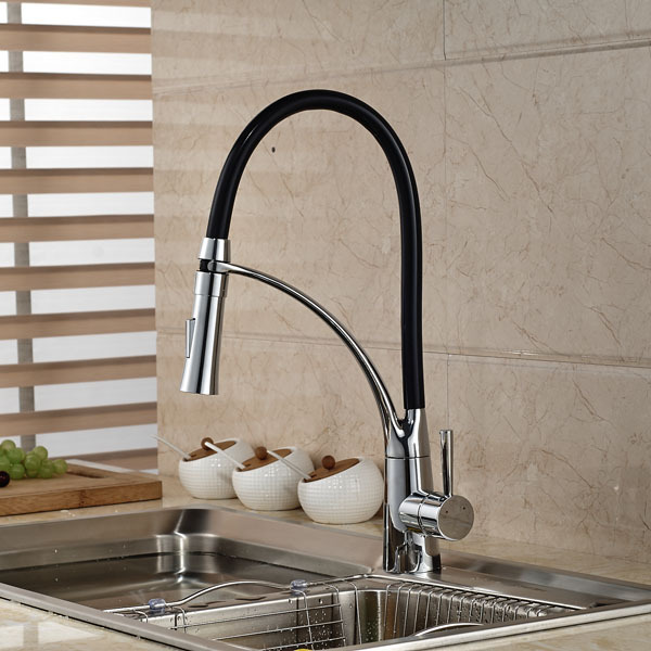 Black and Chrome Finish Kitchen Sink Faucet Deck Mount Pull Out Dual Sprayer Nozzle Hot Cold Mixer Water Taps