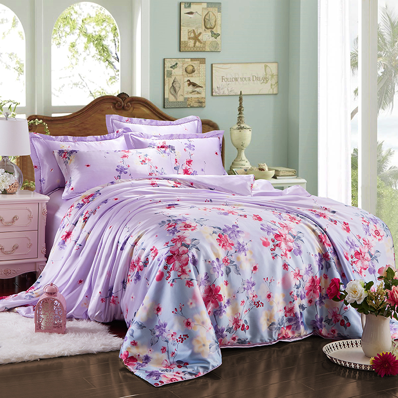 2016 Flowers Summer supplie 100% pure satin silk bedding set Bedclothes,Duvet cover Flat sheet pillowcases Wholesale
