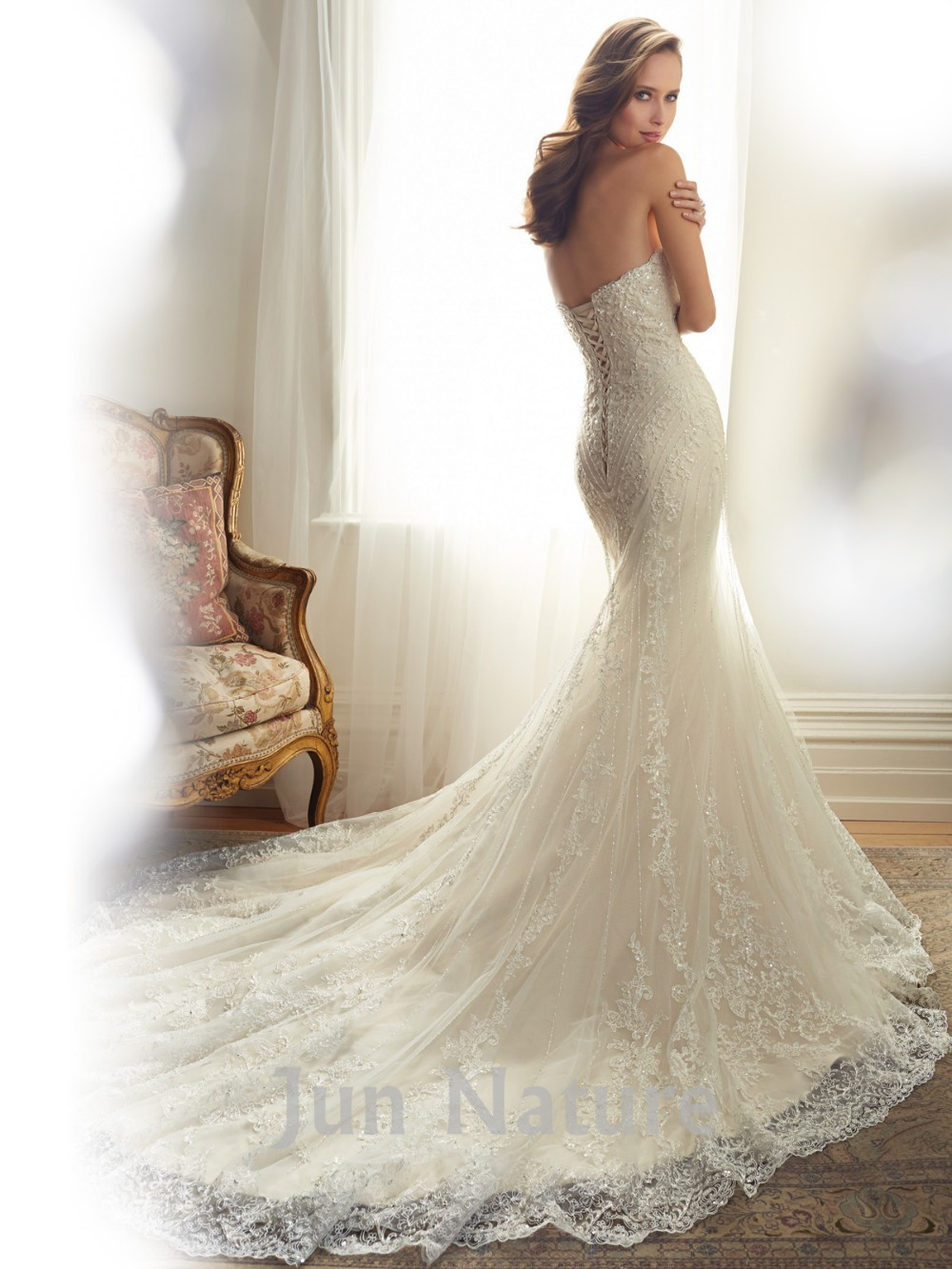 beaded wedding dress with long train