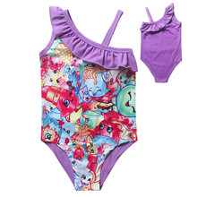 One Pieces Shopkins Swim Suits 2016 Baby Girls Summer Beachwear Bikini Bathing Children Summer Bodysuits 4T-9T Free Shipping