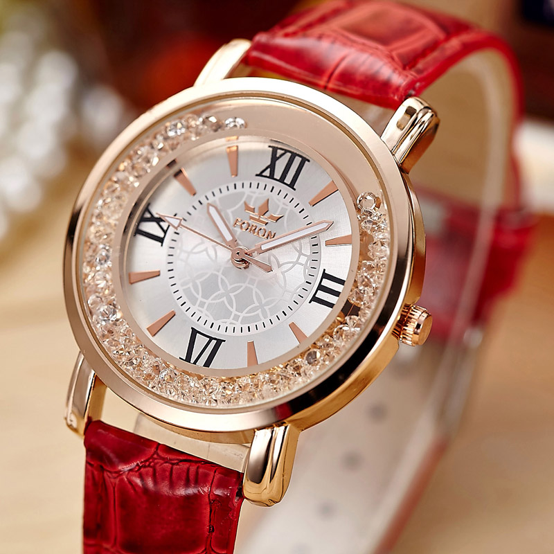 Дамы Мода Кварцевые Часы Женщины Rhinestone Кожаный Вскользь Платье женские Часы Розовое Золото Кристалл mujer reloje 2016 montre femme