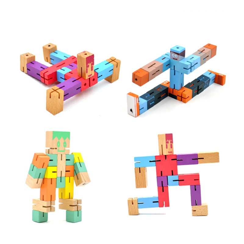 Wooden Robot Cube Wood Assembling Puzzle Brain Teaser Toys For Aldults Children Kids Unlocking Model Colorful Magic Toy
