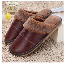 Genuine Leather Shoes Men Winter Home Slippers Slip Korean Thick Warm Cotton Slippers For Women Shoes Black Red