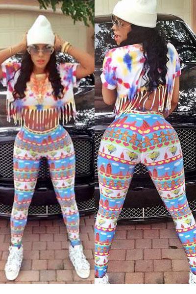 High Street Sexy Комбинезон Цветочный Принт Мода Кисточкой 2 шт. Брюки набор LC60265 Сексуальные Женщины Милые Комбинезоны Брюки и Топ Сет 2016