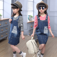 3-14Y, 2016 New Fashion Spring Girls Dress Children Jeans Dress Kids Letters Overalls Dresses (not contain t-shirt)