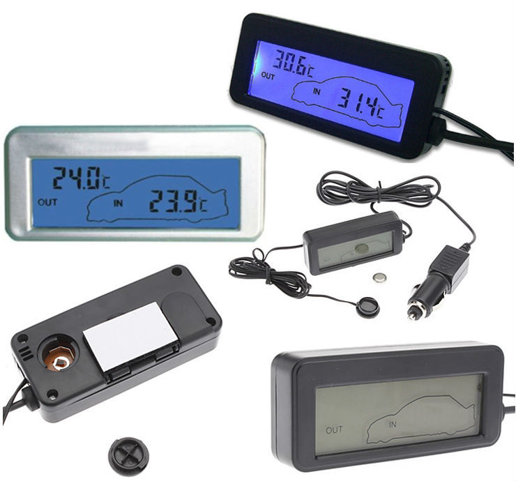 Indoor Out LCD Car Thermometer with Backlight Black / Silver Casing In