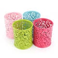 Blue Pink Hollow Floral Pencil Holder Desk Pen Metal Containers Organizer Plastic Pen Pot Makeup Brush