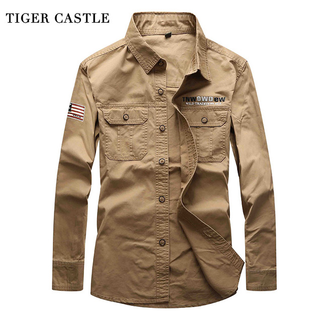 TIGER CASTLE Men Long Sleeve Jeans Shirt Baggy Cotton Military Army Denim Shirts Plus Size Leisure Male Blouses Slim Fit