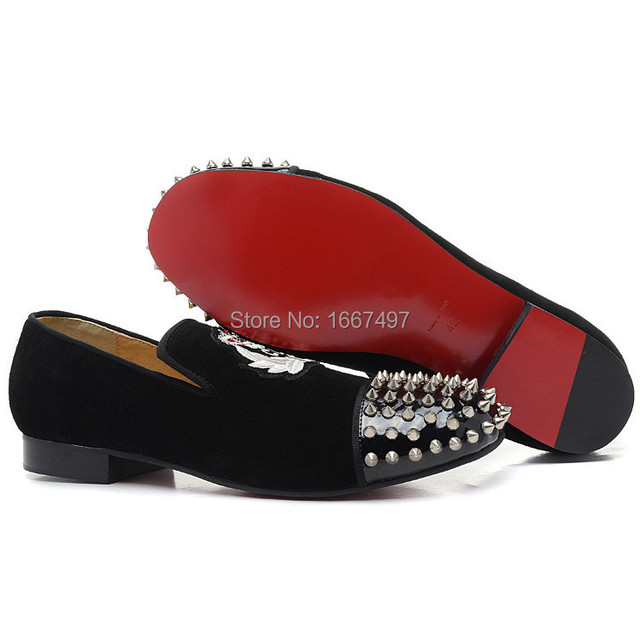 Red Bottom Shoes Harvanana Silver Spikes Suede Mens Loafers Flat ...