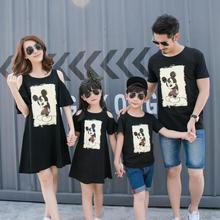 Summer Family Matching Outfit Cartoon Mickey Off Shoulder Black T-shirt Mother Daughter Dresses Dad Son Clothes Free Gift