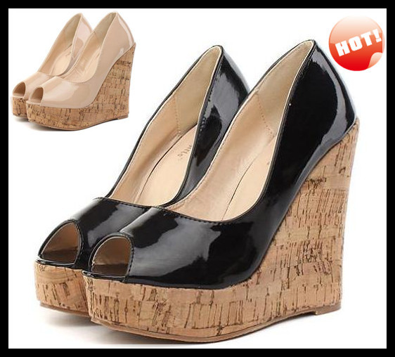 2014 nude black high platform wedge shoes natural wind wooden ...