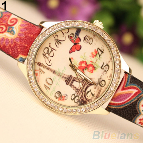 Women s Eiffel Tower Rhinestone Flower Printed Faux Leather Quartz Wrist Watch 6L85