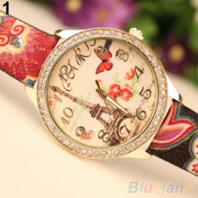 Women s Eiffel Tower Rhinestone Flower Printed Faux Leather Quartz Wrist Watch 6L85