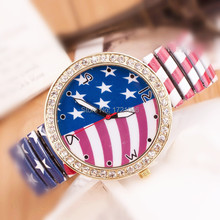 New Fashion Quality Watch Printing color elastic band watches Fashion Rhinestone Jewelry Flag Watch Quartz Wristwatches