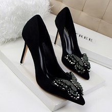 Slip On Women Summer Shoes 9.5cm 2016 Fashion Leather High Heel Pumps 9.5cm Butterfly Rhinestone Shoes Pink Platform Pumps 34-39