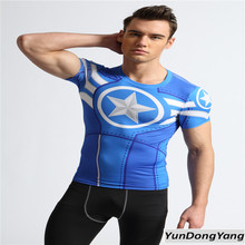 2016 Men Sports Running T Shirts O-neck Captain America Superman Print Gym Fitness Compression Sports Shirt
