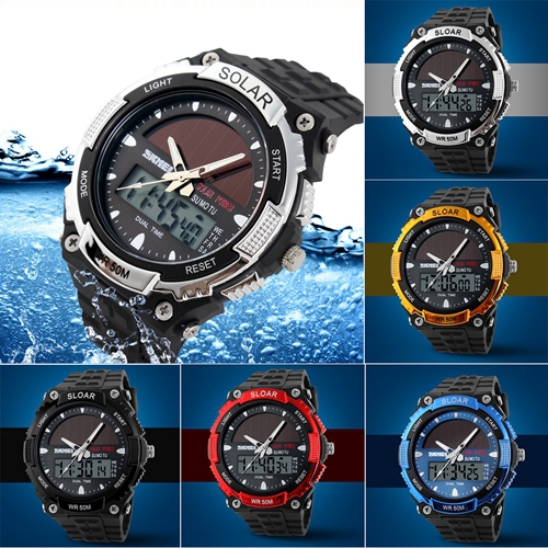 2015 New Solar Power LED Digital Electronic Watch Men Sport Watches 5ATM Waterproof Casual Dress Military