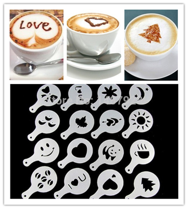 16Pcs set Fashion Cappuccino Coffee Barista Stencils Template Strew Pad Duster Spray Tools