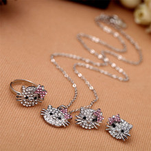 1set Hello kitty children crystal necklace ring earring sets children’s favorite jewelry accessories gift set high quality
