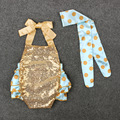 New Baby Girls Sequins Dots Ruffles Rompers with Headbands Toddler Baby Gold Halter Summer Fashion Clothing